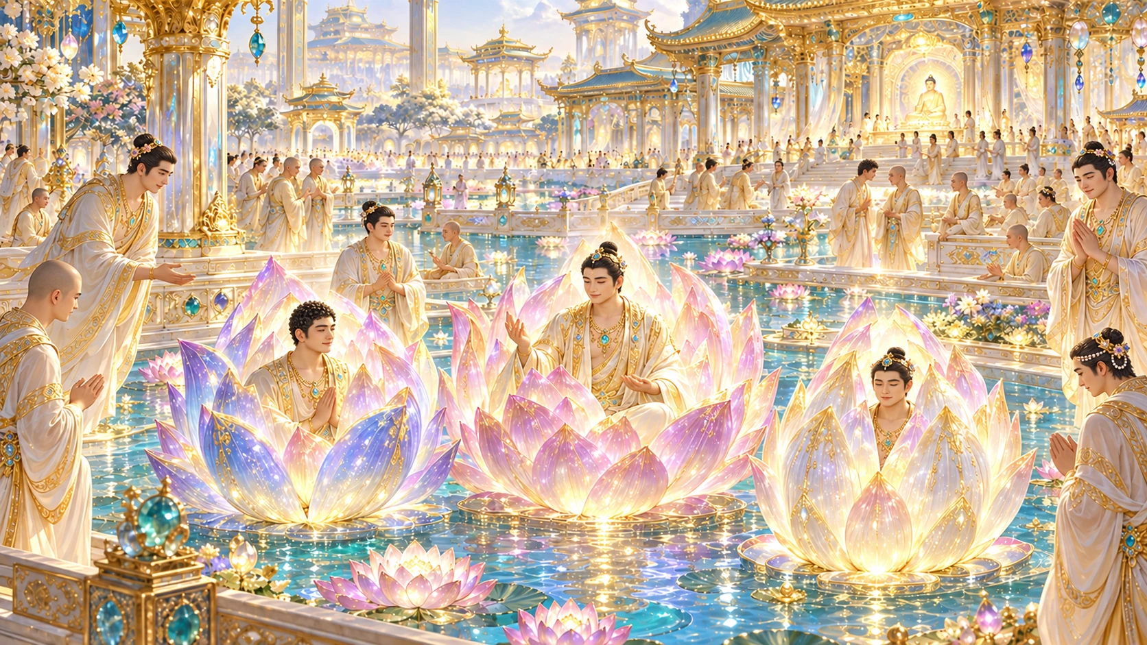 Notice the blossoms at different stages of opening and the adult figures within them. Varied hairstyles and ornaments enrich the painting without assigning social rank or grades of birth.