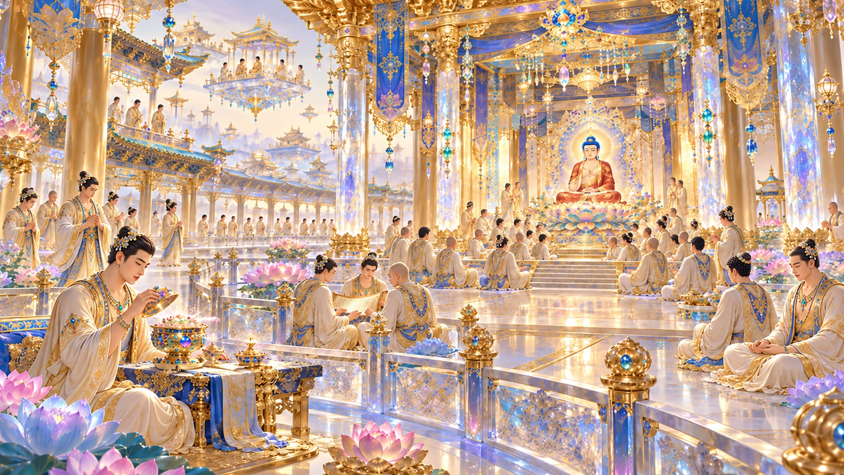 Find the listening groups, readers, meditators and bowl. Clothing and ornaments convey dignity, without using the amount of decoration to rank teachers above listeners.