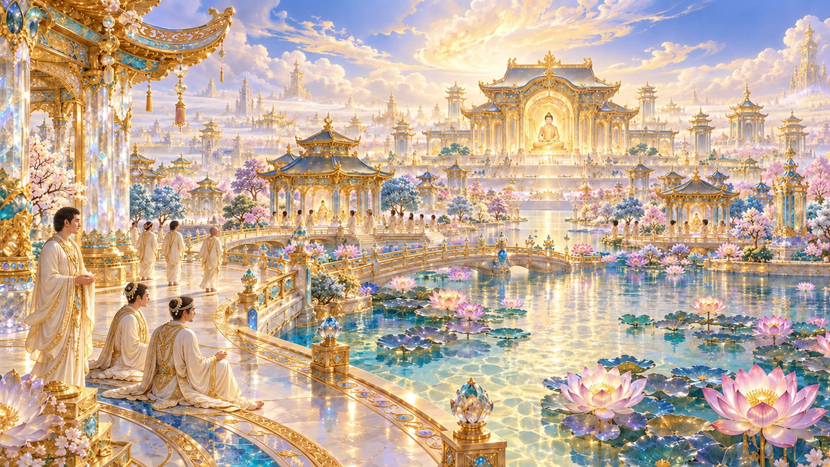 Follow the jeweled ground and lotus pools toward the distant teaching halls. The architecture, bridges and gatherings form a visual introduction to the Pure Land.