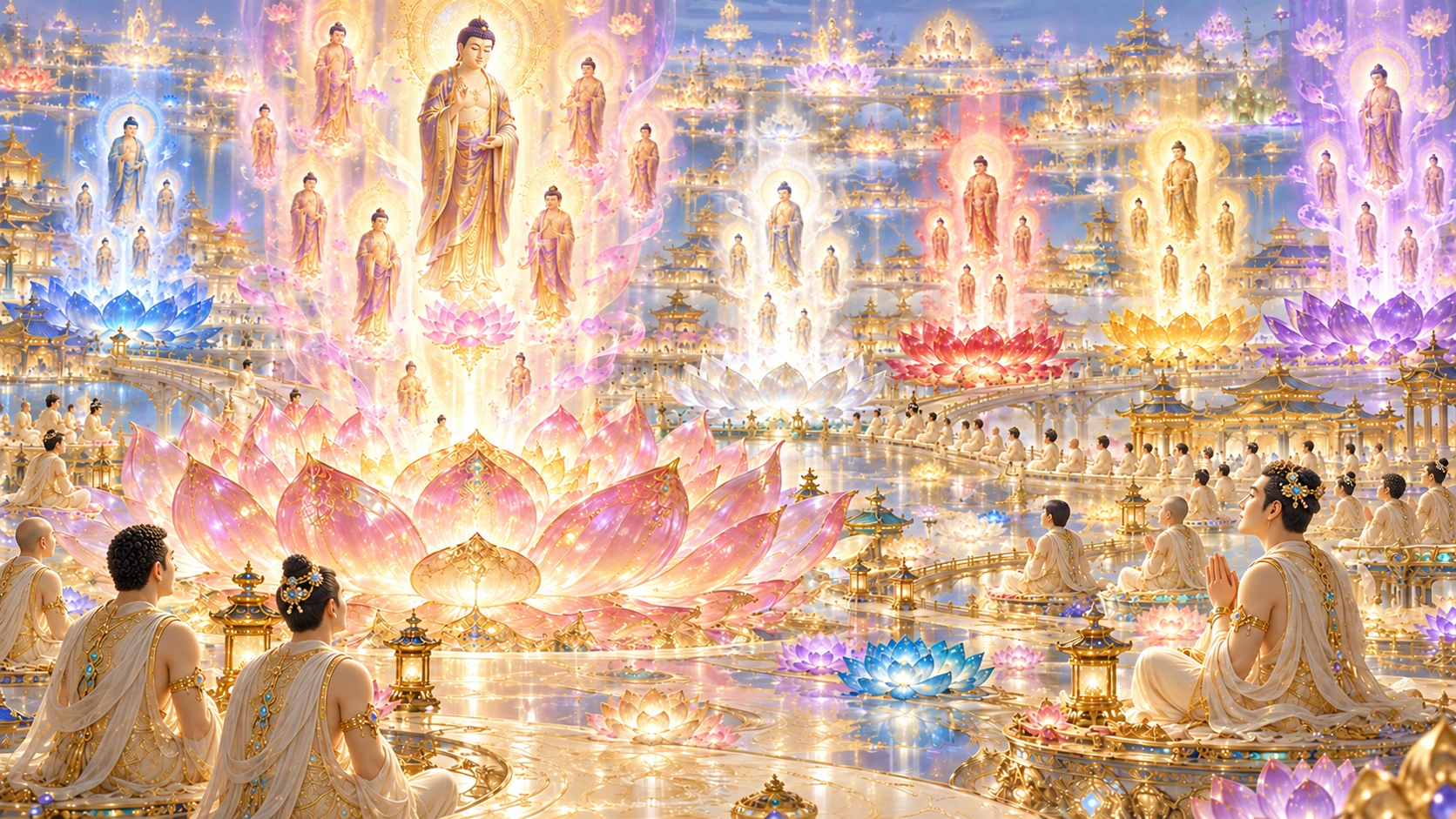 Follow the coloured lotuses into their radiance and the Buddha forms within it. The painting’s finite figures suggest a vast vision rather than reproduce the numbers given in the sutra.