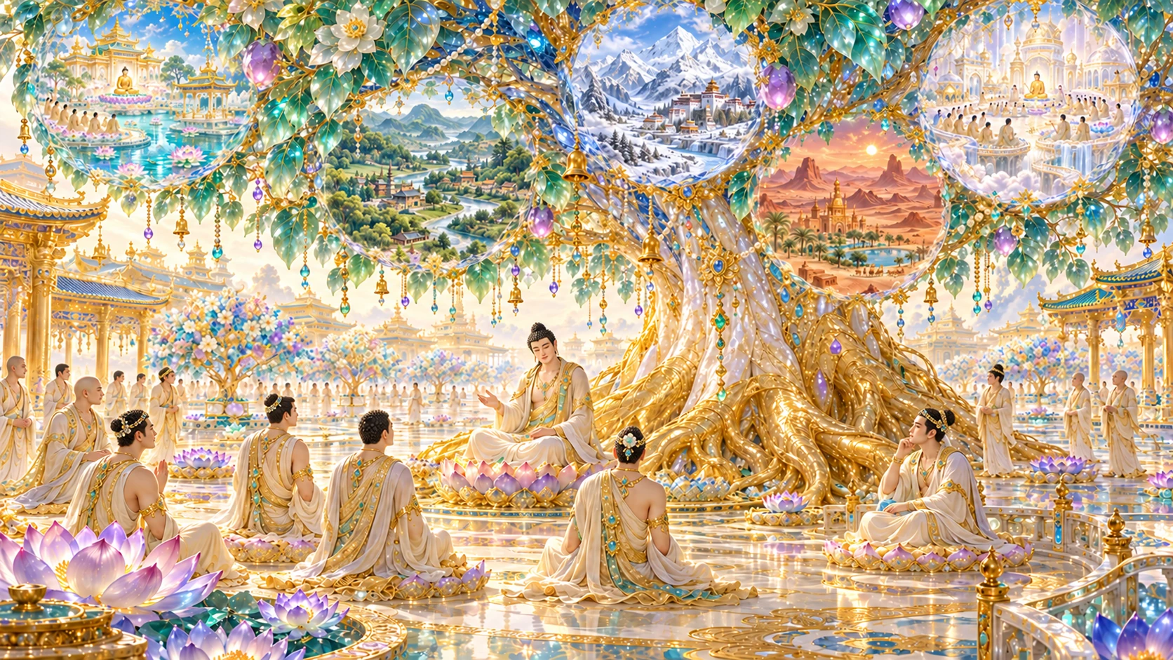 Look first at the great tree and the gathering beneath it, then at the worlds among its branches. Their mountain landscapes belong to the reflected worlds, rather than to the ground of the Pure Land.