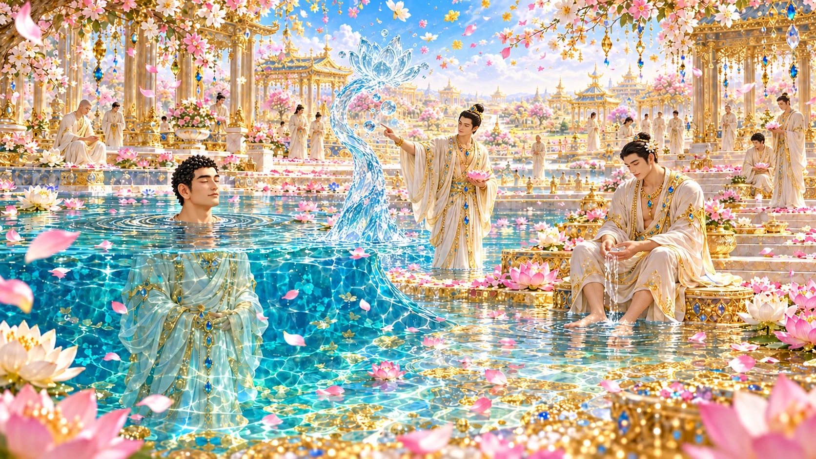Notice the different water levels within one pool, the visible bottom and the falling petals. The lotus-shaped column beside a pointing resident is an artistic expression of responsive water.