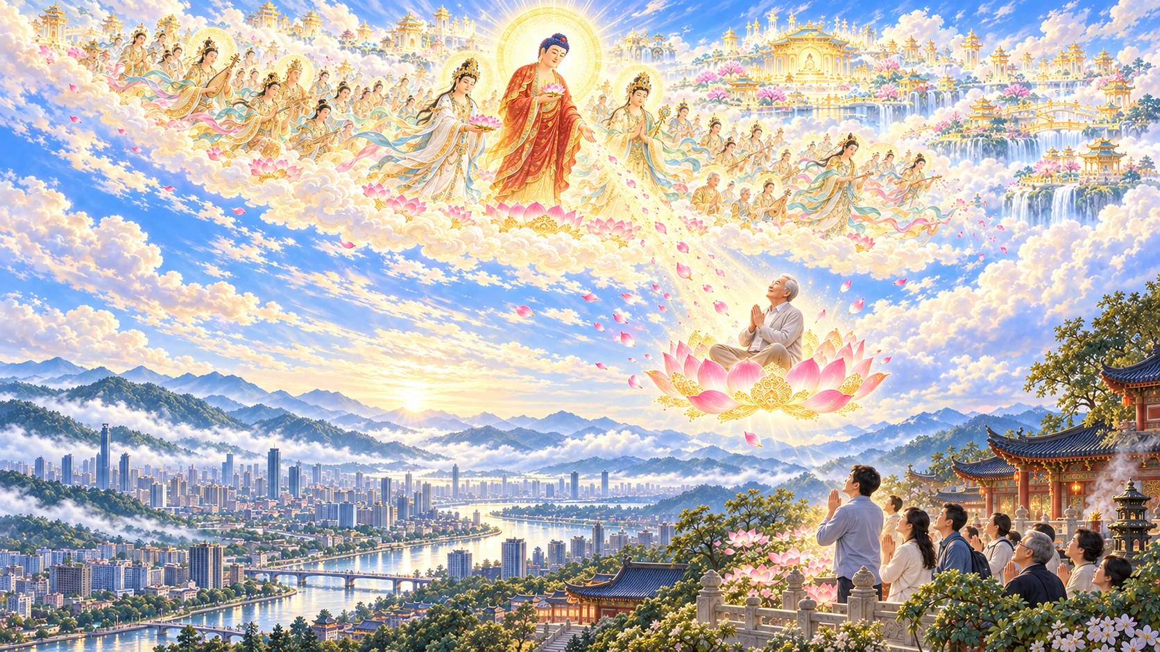 Only the elderly man in the airborne lotus is being received. The people on the terrace are worshippers. The city, temple and green mountains belong to the earthly landscape below.