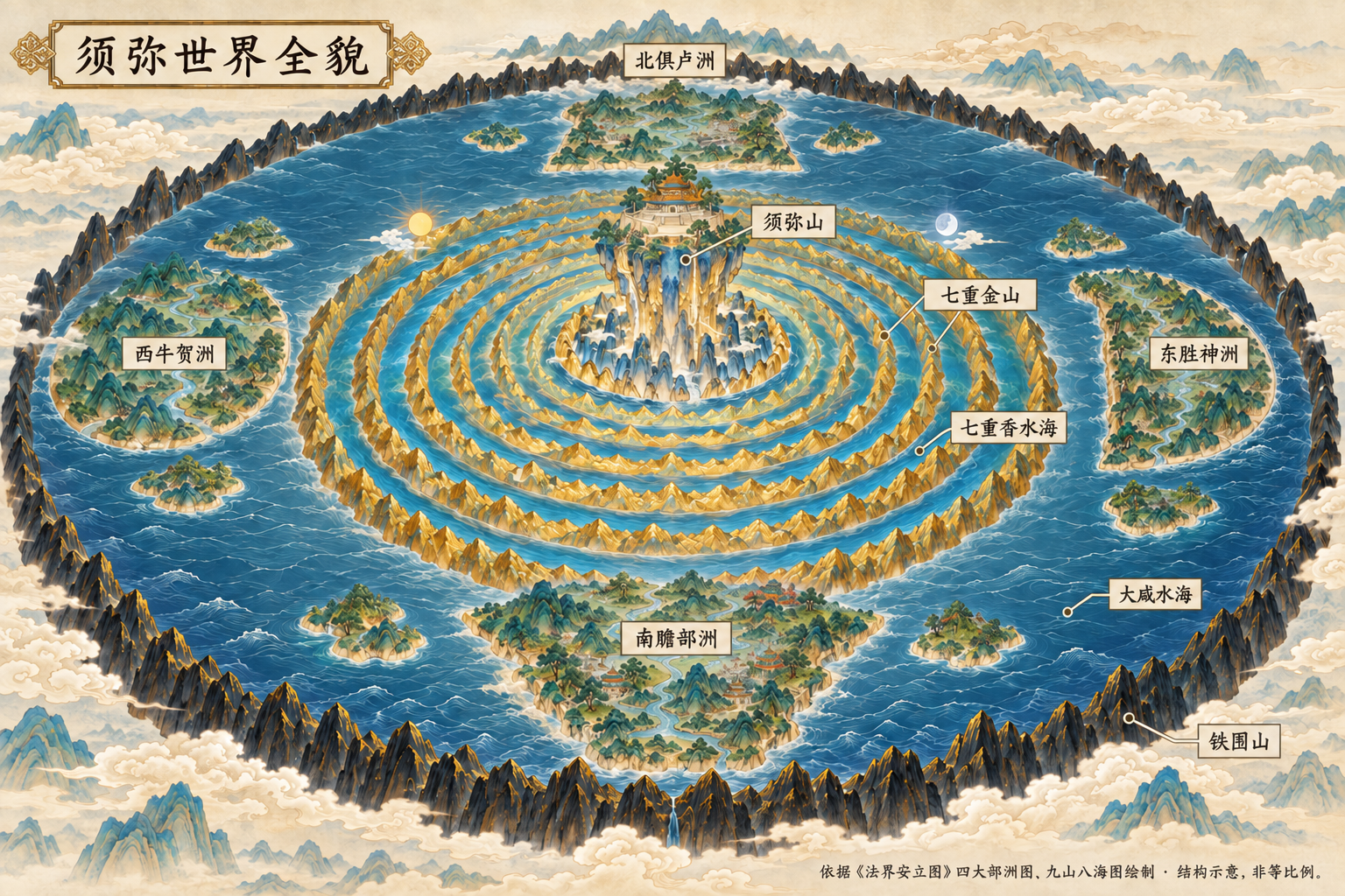 须弥山居中,四大部洲与层层山海环绕